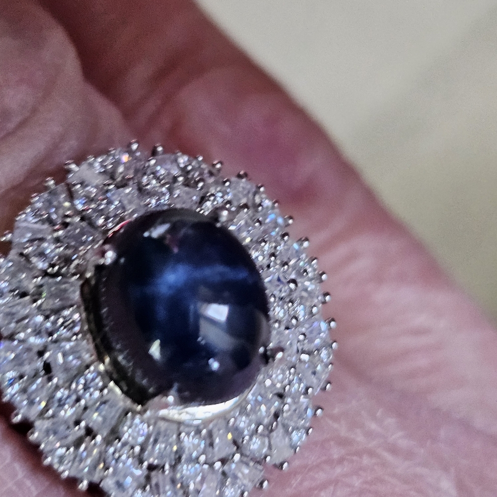Genuine Blue Star Sapphire & Moissanite Ring Platinum Over Sterling Silver Sz 7! - Picture 4 of 11